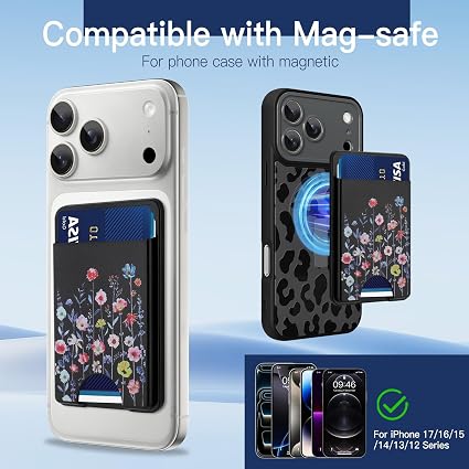 Stronger Magnetic Card Wallet for iPhone 17/16/15/14/13/12 Series | (Not for 13/12 Mini), Flower Pattern Hard Card Slot Holder Fit 3 Cards Compatible with Magsafe Accessories, Black