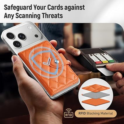 Dadanism Compatible with Magsafe Wallet Magnetic 4-Card Holder, Orange | Magnetic Wallet for iPhone, RFID Blocking, Diamond Quilting Leather, Slim for iPhone 17/16/15/14 Series, Not for 13/12 Mini