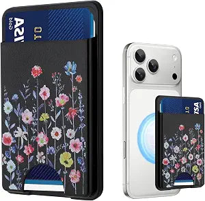Stronger Magnetic Card Wallet for iPhone 17/16/15/14/13/12 Series | (Not for 13/12 Mini), Flower Pattern Hard Card Slot Holder Fit 3 Cards Compatible with Magsafe Accessories, Black