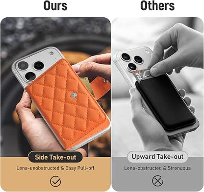 Dadanism Compatible with Magsafe Wallet Magnetic 4-Card Holder, Orange | Magnetic Wallet for iPhone, RFID Blocking, Diamond Quilting Leather, Slim for iPhone 17/16/15/14 Series, Not for 13/12 Mini