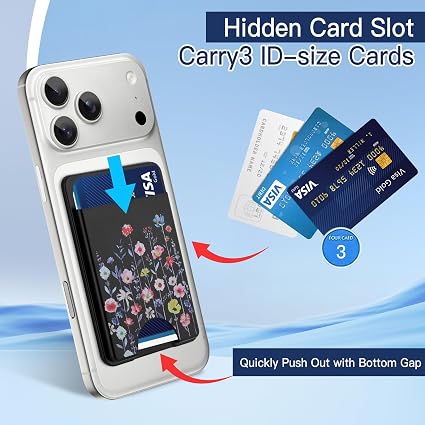 Stronger Magnetic Card Wallet for iPhone 17/16/15/14/13/12 Series | (Not for 13/12 Mini), Flower Pattern Hard Card Slot Holder Fit 3 Cards Compatible with Magsafe Accessories, Black