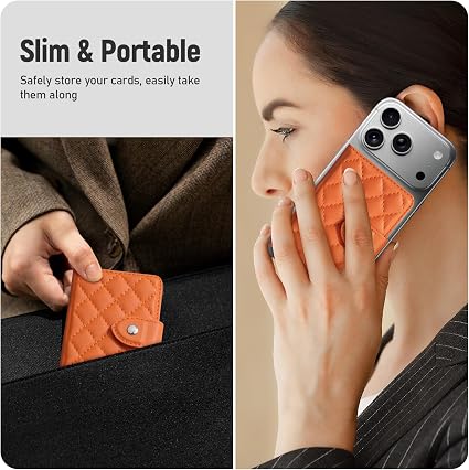 Dadanism Compatible with Magsafe Wallet Magnetic 4-Card Holder, Orange | Magnetic Wallet for iPhone, RFID Blocking, Diamond Quilting Leather, Slim for iPhone 17/16/15/14 Series, Not for 13/12 Mini